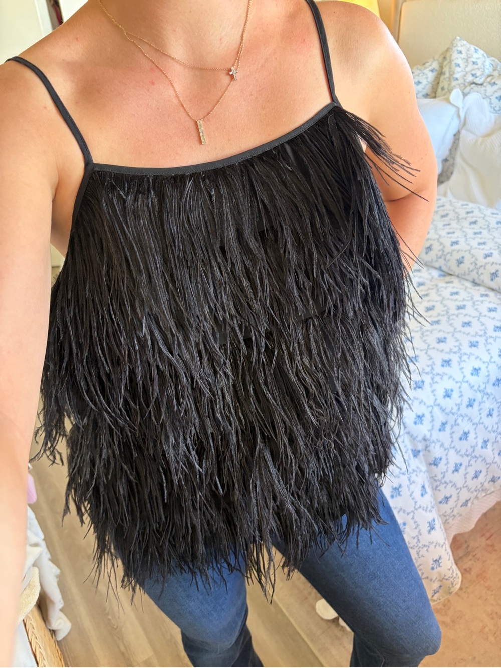 Nordstrom Black Feather-Effect Spaghetti Strap Tank Top